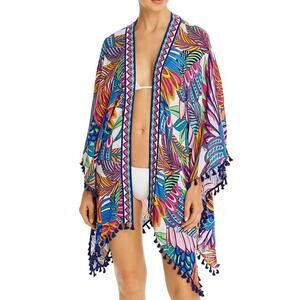 Trina Turk Paradise Plume Kimono Cover-Up OS | Tropical Tassel Trim, Bold Print